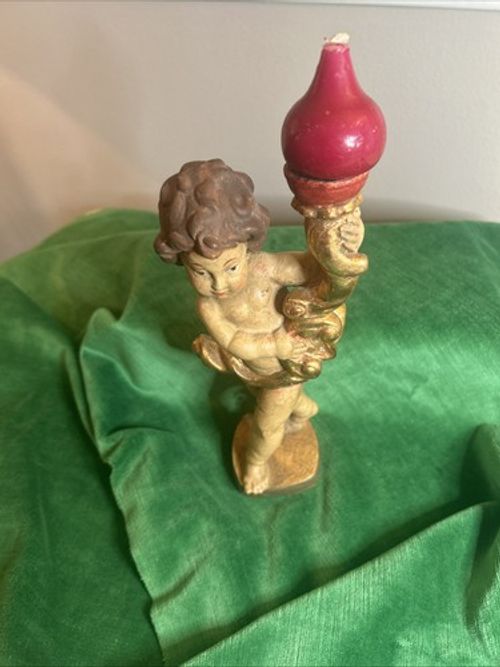 9” HAND CARVED WOOD CANDLE HOLDER ANGEL CHERUB PUTTO STATUE SCULPTURE FIGURE