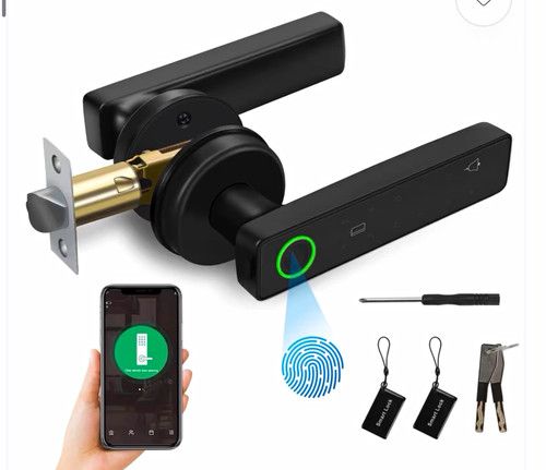 Fingerprint Biometric Smart Door Lock Handle, Black Matte Metal, App, Key Fob