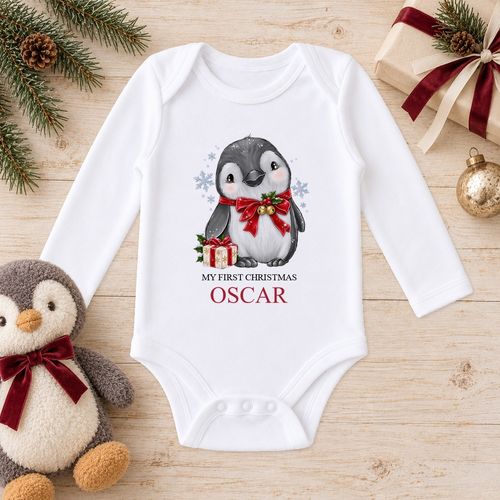 Personalised Baby Christmas Outfit Jingle Bell Penguin Sleepsuit Vest Bib Name — image 3