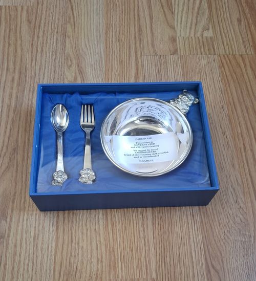 H. Samuel Silver Plated Baby Christening Silverware Set Bowl Spoon Fork — image 3