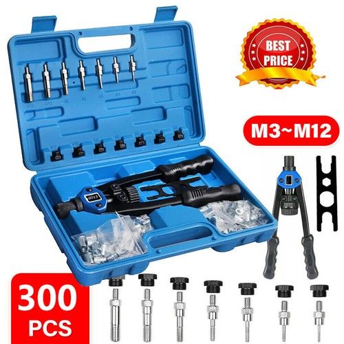 300PCS Rivet Nut Kit Riveters Gun Heavy Duty Riveting Nutsert Hand Tool Rivnut