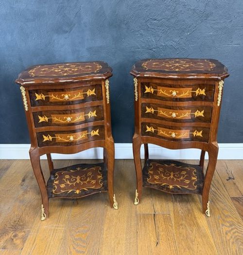 Pair of French Louis XVI Bedside Lamp Tables with Drawers & Marquetry