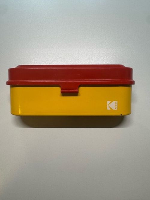 Kodak 35mm Film Case - Holds 5 Rolls - Yellow/Red Steel Case - Used, Fully Function