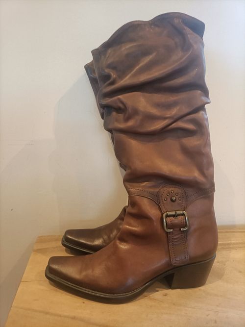 Tall Leather Brown Buckle Knee Block Heel Boots UK7/8 41 cowboy slouch worn once — image 6