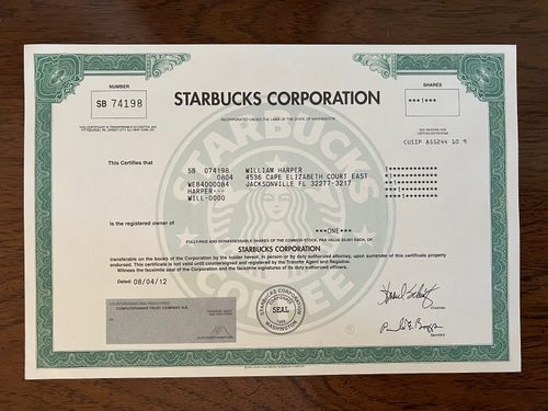 Starbucks Stock Certificate Original Authentic ﻿﻿Howard Schultz digital sig. EF! — image 1