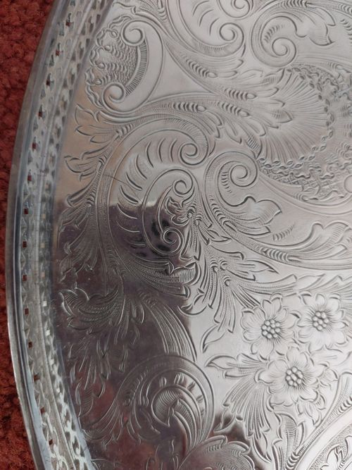 Silver Plate Floral Scroll Engraved Round Serving Tray Platter — image 5
