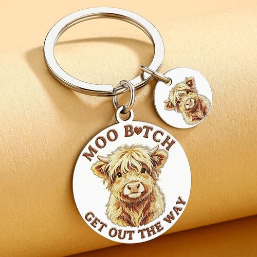 Gift Keychain  Highland Cow Moo Bitch Keychain Stainless Steel Funny Gift — image 3