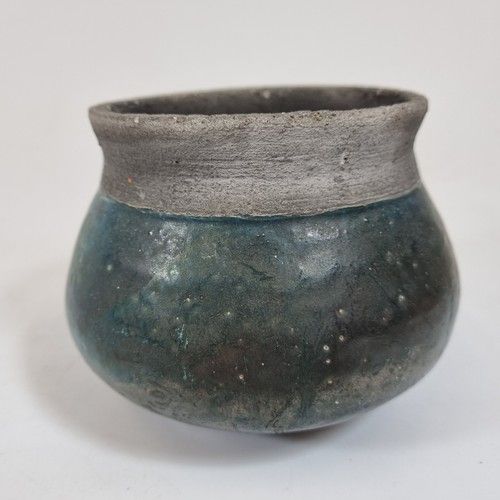 Studio Pottery Vase Textured Rim Metallic Blue Glaze 10cm High "JB" Monogram 