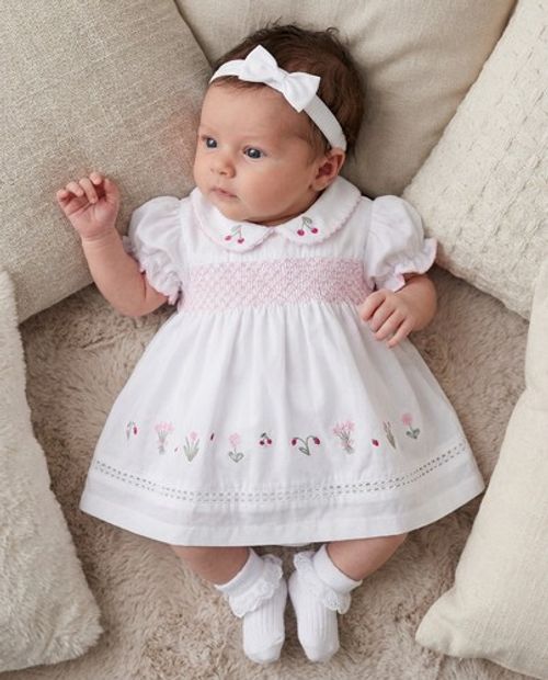 Baby Girl Dress Set Outfit Smocked Embroidered Headband White