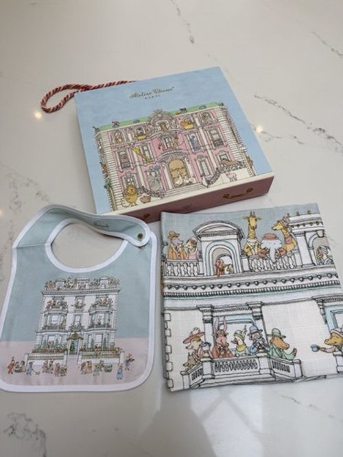 ATELIER CHOUX Harrods Cotton Townhouse Blanket, Bib and Bag Baby Gift Set - NEW 