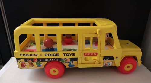 Vintage Fisher Price Little People School Bus Pull Along Toy & Cars With Figures — image 2
