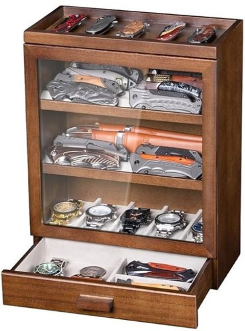 Knife Display Case 31+ Wood Walnut EDC Pocket Knives Watch Organizer Storage Box