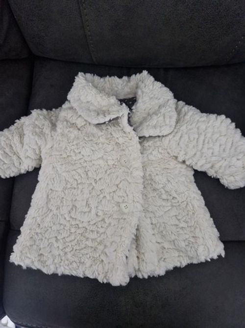Girls faux fur cream lined coat Nutmeg age 6-9 months
