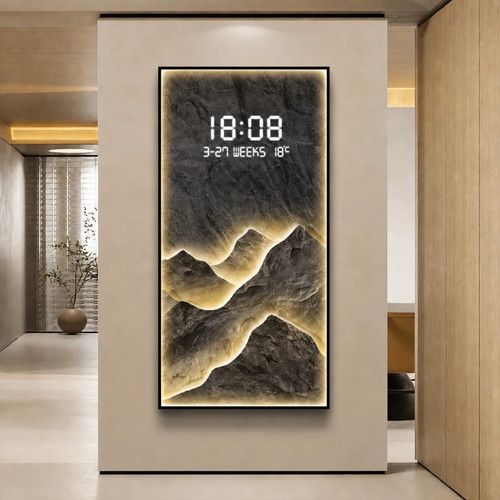 Mountain LED Digital Wall Clock 50cmx100cm - Landscape Wall Art with Temperat...