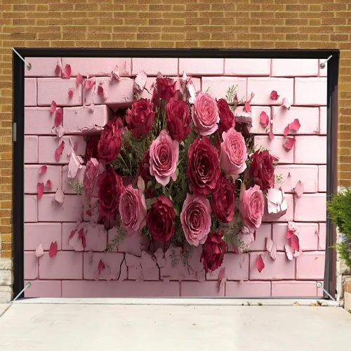 Rose Flower Garage Door Banner Pink Brick Floral Garage Banner Cover Backdrop XS — image 2