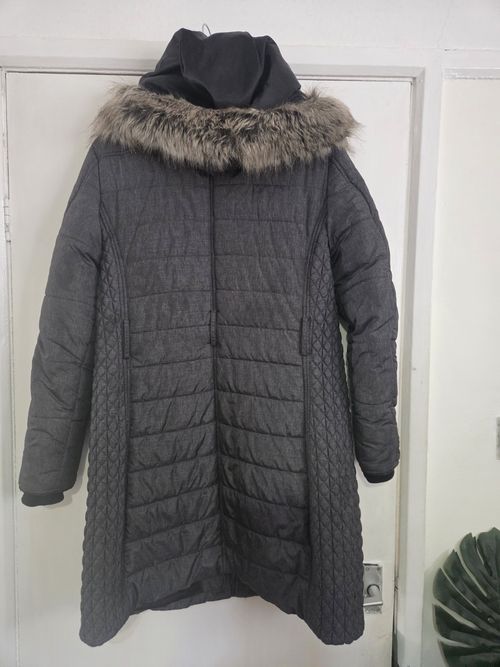 RJR John Rocha Womens Grey Hooded Puffer Coat Faux Fur Trim Zip Quilted Size 16 — image 4