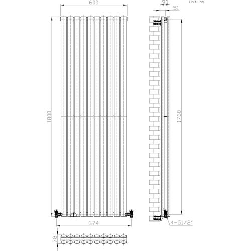 Radiator Vertical Oval Column Double Panel Designer Heating White 1800 x 600mm — image 3