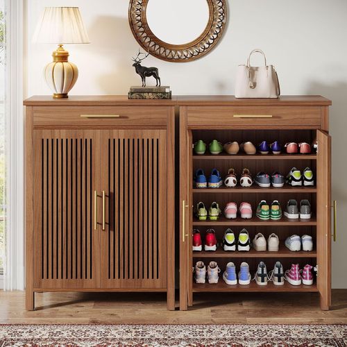 Modern 5-Tier Narrow Shoe Cabinet with Louvered Doors and Drawer for Entryway — image 1