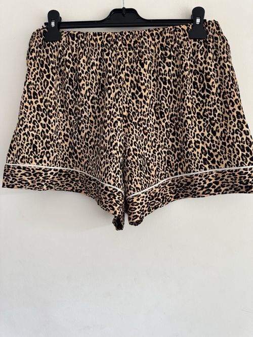 Women's Satin Leopard Print Pyjama Shorts Beige/Black Size 36 Elastic Drawstring — image 2