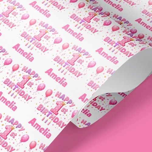 Wrapping Paper Pink 1st Birthday Personalised Name Baby Girl Premium Gift Wrap