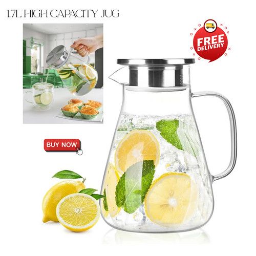 1.7L Glass Water Jug Pitcher Juice Cocktail Tea Carafe with Stainless Steel Lid