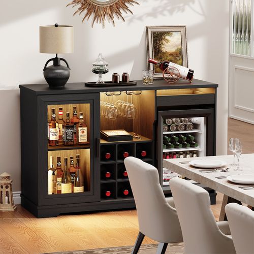 Coffee Bar Cabinet with Fridge, 47" Buffet Sideboard with Wine Rack & LED Lights — image 10