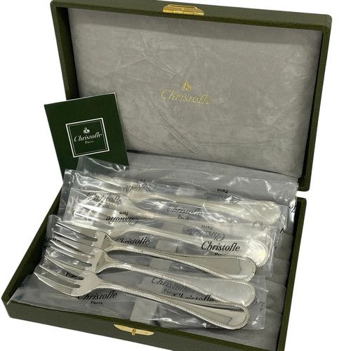Christofle Perles Silver Plated Cake Fork Set 6 Pcs France Box 3 Unused 3 Used