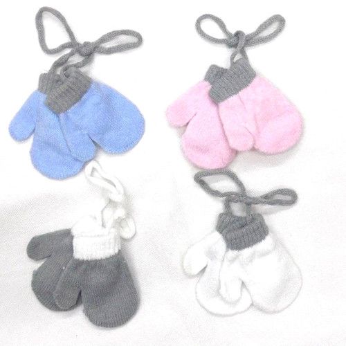 Baby Pom Pom Mittens Stringed Connected Gloves Boy Girl Spanish Knit Grey 0-24M
