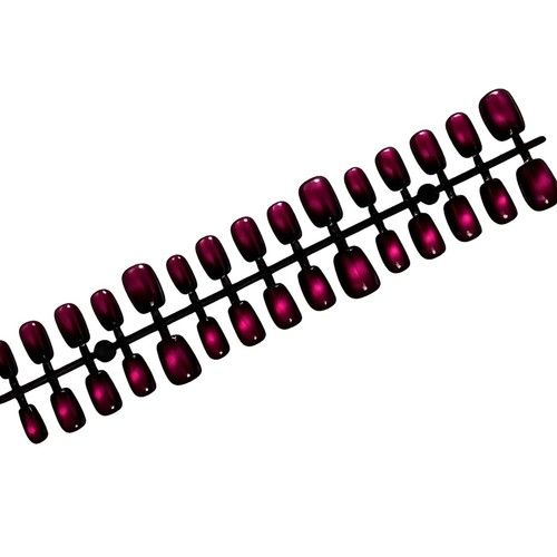 Press on Nails Short Square Dark Rose Pink Red Cat Eye False Nail With Glue Tabs