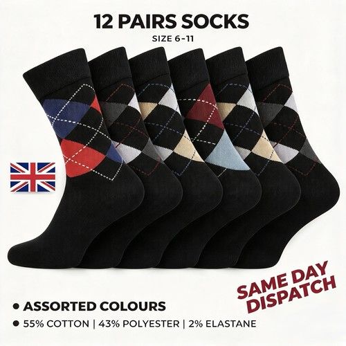 12 Pairs Men's Argyle Dress Socks Size 7-9 Mid Calf Cotton Blend Stretch Black