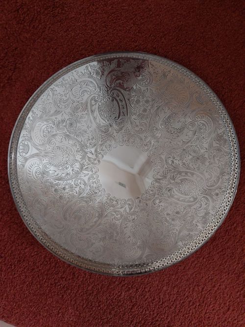 Silver Plate Floral Scroll Engraved Round Serving Tray Platter — image 9
