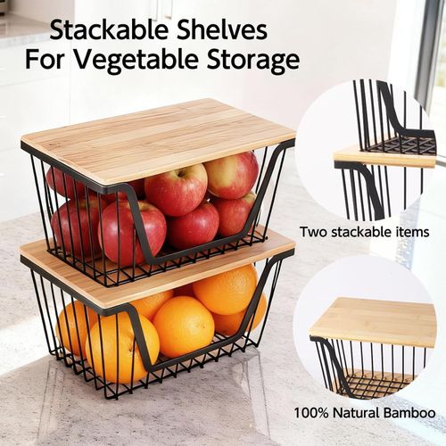 2 Set Stackable Wire Basket with Bamboo Tops Pantry Organizer and Storage Bins — image 3