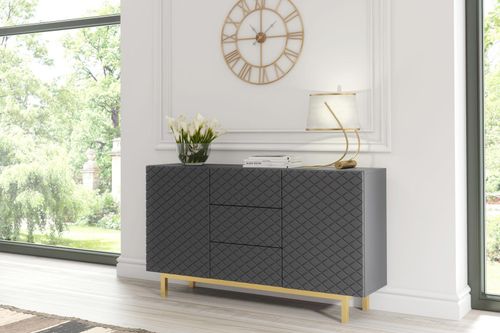 Sideboard Cabinet Diamond Pattern 3 Drawers 2 Doors Grey Gold Legs Storage 140cm — image 11