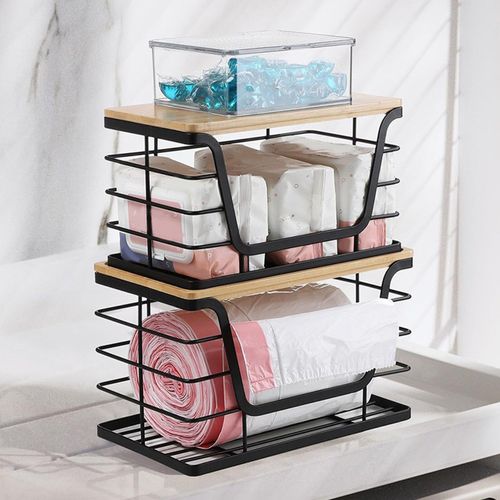 2 Set Stackable Wire Basket with Bamboo Tops Pantry Organizer and Storage Bins — image 4