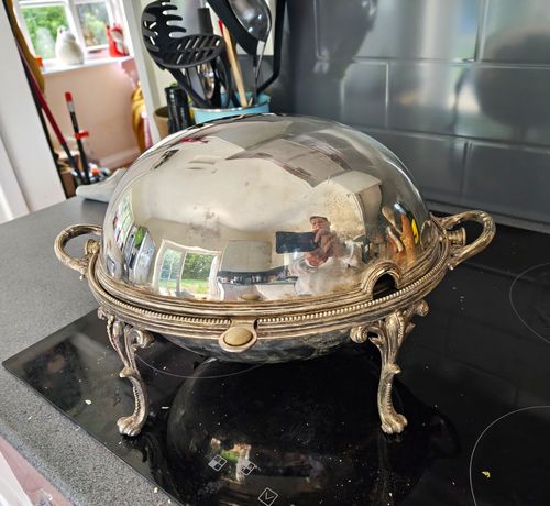 Silver Plate Domed Lidded Serving Dish on Stand with Handles, Removable Insert — image 1