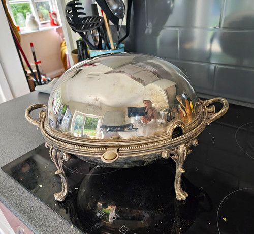 Silver Plate Domed Lidded Serving Dish on Stand with Handles, Removable Insert
