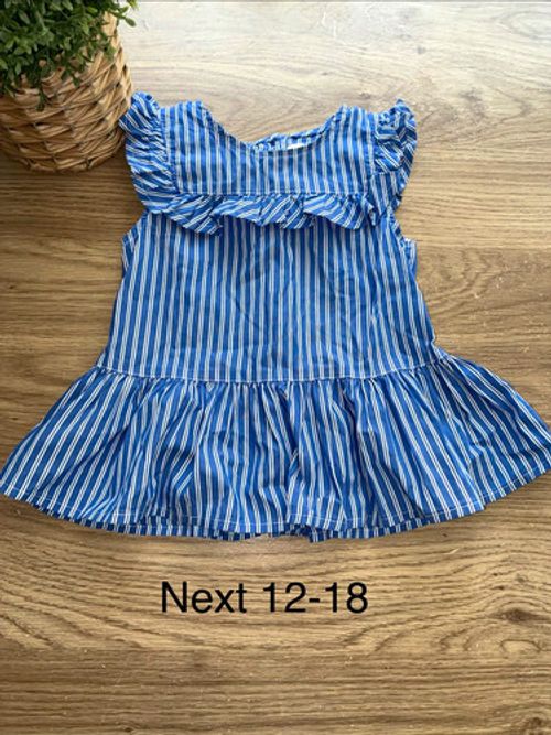 NEXT Girls Blue White Striped Woven Cotton Fit & Flare Ruffle Dress 12-18M