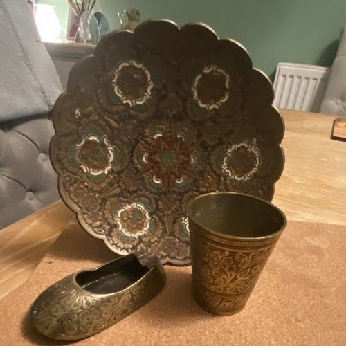 Indian Brass Decorative Metalware Set: Bowl/Plate, Cup & Small shoe Ornaments