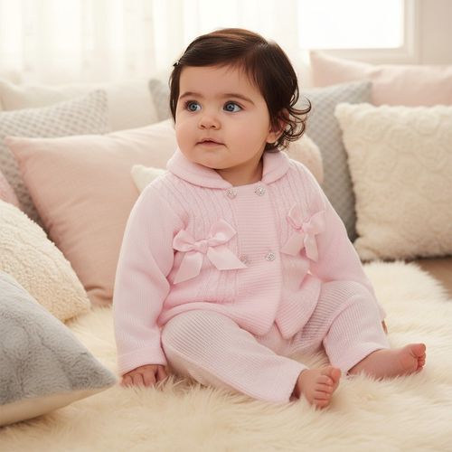Baby Girl Jacket Knitted Outfit Set Trousers Pram Suit BOWS Pink — image 2