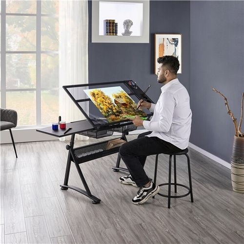 Adjustable Glass Drafting Table with 2 Drawer Art Craft Drawing Board with Stool — image 1