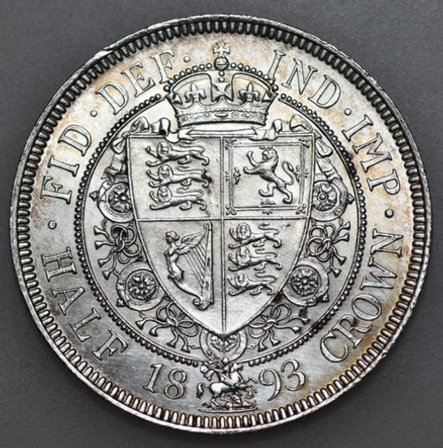 1893 VICTORIA OLD HEAD HALFCROWN, BRITISH SILVER COIN, BU
