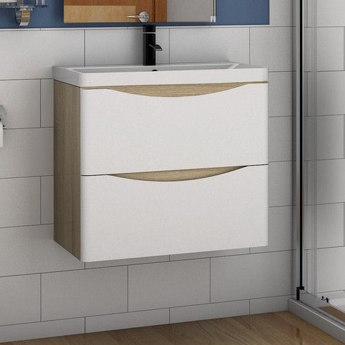 Wall Hung Bathroom Vanity Unit with Gelcoat Resin Stone Basin Storage Two Drawer
