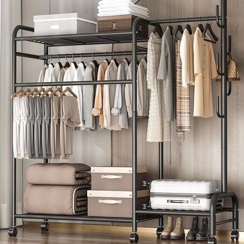 Double Clothes Rail Rack Heavy Duty Garment Hanging Stand Open Wardrobe Shelf UK