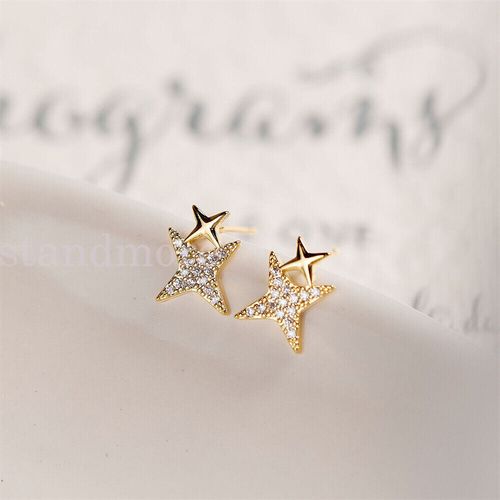 Shiny Sterling Silver Cute Small CZ Double Star Stud Earrings Women Gift UK — image 2