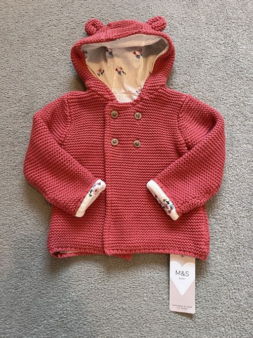 Brand New with Tags M&S Baby Pink & Floral Knitted Teddy Bear Cardigan 6-9M