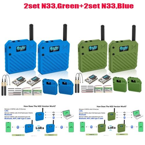 2xESP32 LoRa V3 Dev Board + 3.7V 3000mAh Batt +Custom Case Set -915MHz Meshtasti