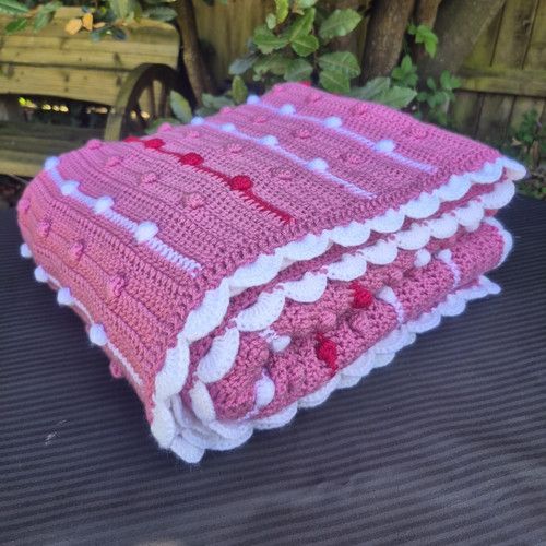 Hand-Crocheted Pink & White Blanket Throw, Bobble Stripe, Scalloped Edge