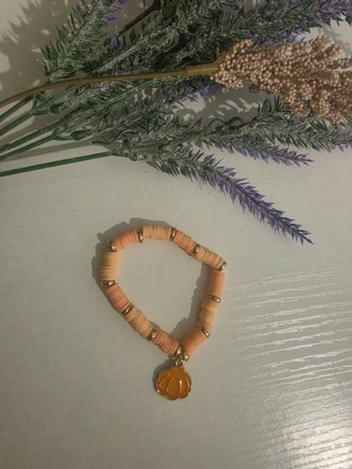 Beige Brown & Orange Beaded Stretch Slip-On Bracelet with Orange Dangle Charm