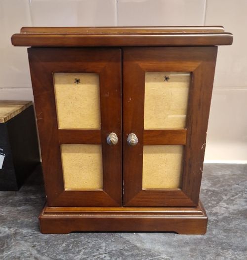 Wooden Photo Storage Box Cabinet, Double Doors, Dividers, Clear Sleeves Brown