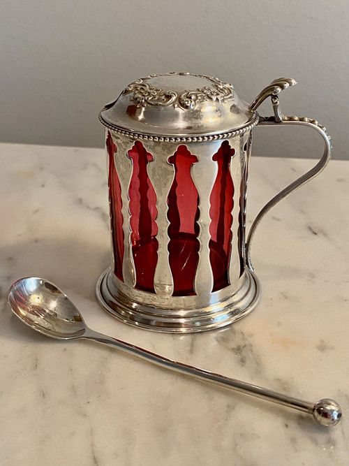 Sterling Silver Victorian Cutwork Mustard Pot Cranberry Liner w/Sterling Spoon — image 7